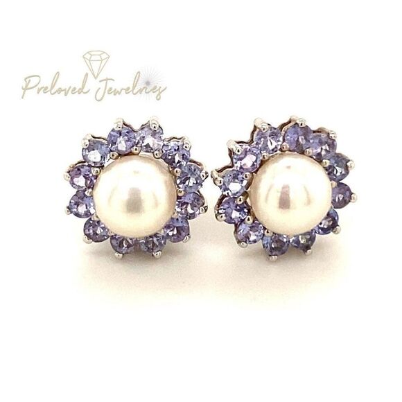 Stunning 14k Flower Shaped Tanzanite & Pearl Stud Earrings - Picture 2 of 16